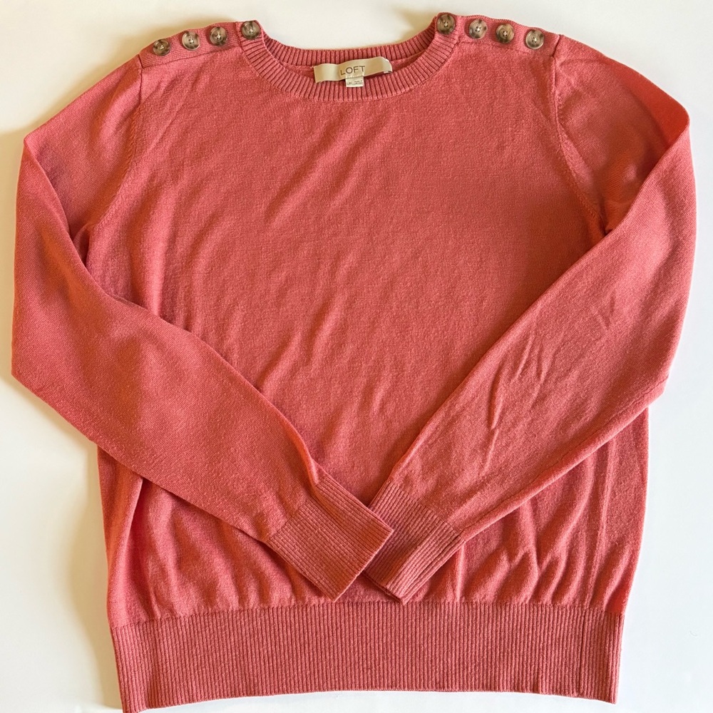 LOFT Coral Button-Shoulder Crewneck Sweater